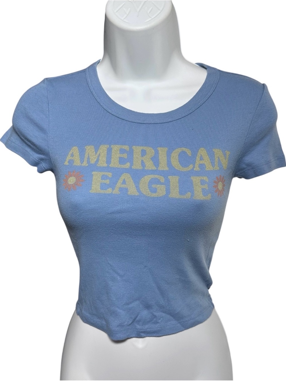 American Eagle Blue Baby Tee Floral Logo Y2K Fitted Crop Top Size xtra small